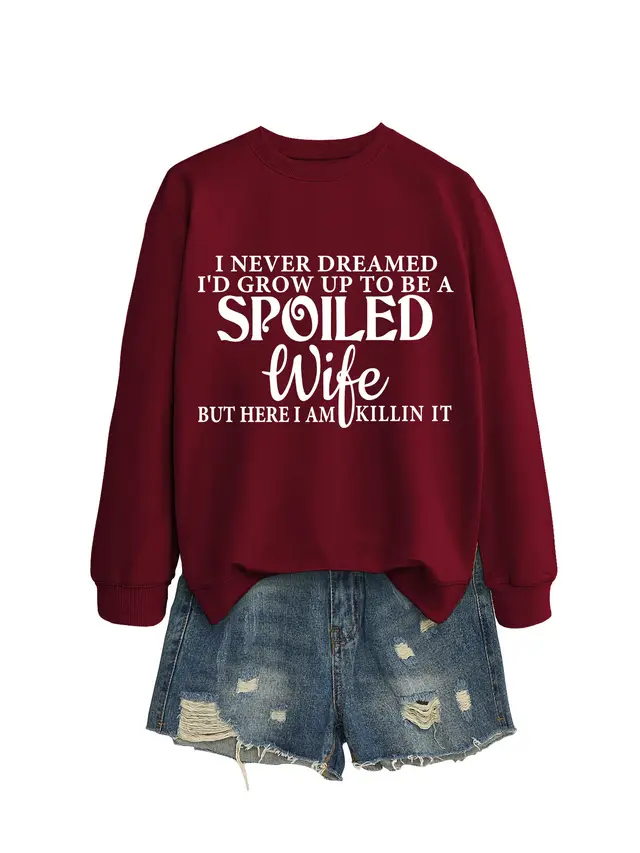 Casual Letters Printed Crew Neck Sweatshirt Women Wine Red White Sweatshirt Font - Shop at LoveMi