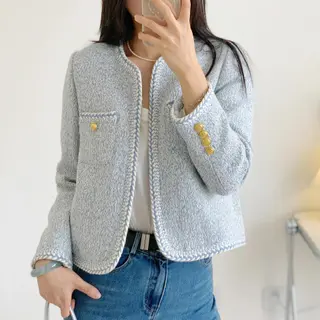 Classic Style Fall Winter Coat Girls Fashion Socialite Cardigan Top - Sky Blue