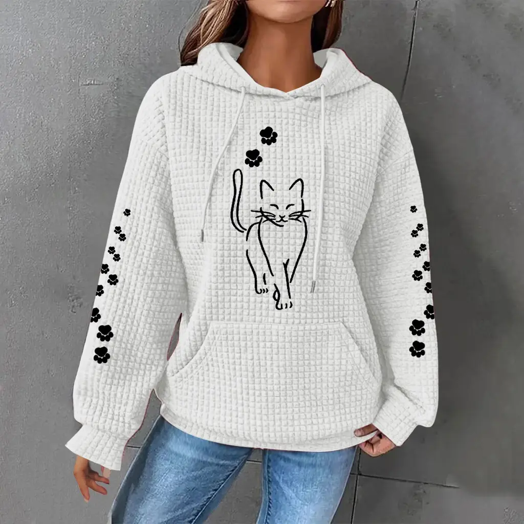 Printed Long Sleeve Loose Sweater - Ivory White