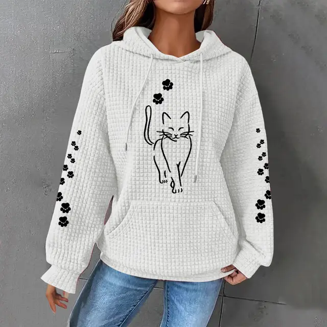 Printed Long Sleeve Loose Sweater Ivory White - Shop at LoveMi