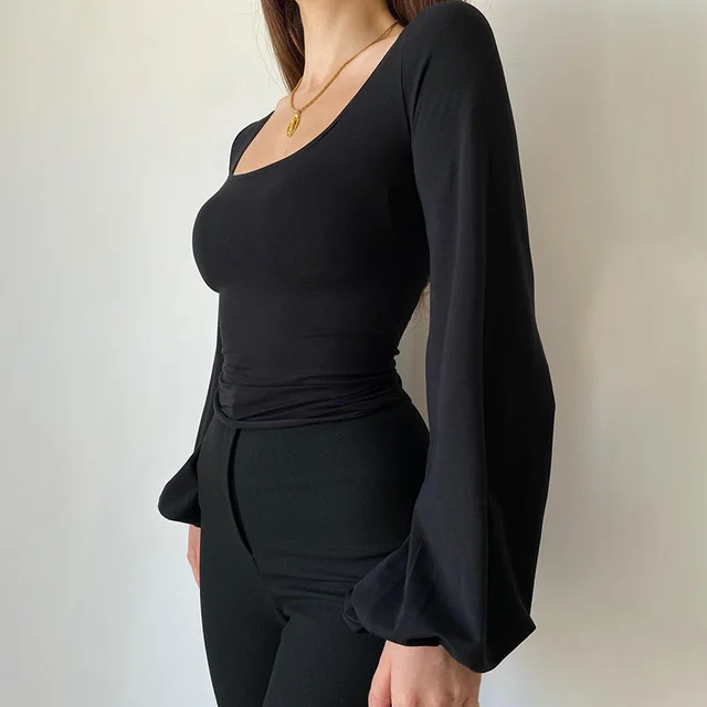 Casual Top Versatile Lantern Long Sleeve Square Collar Slimming Solid Color T shirt Black - Shop at LoveMi