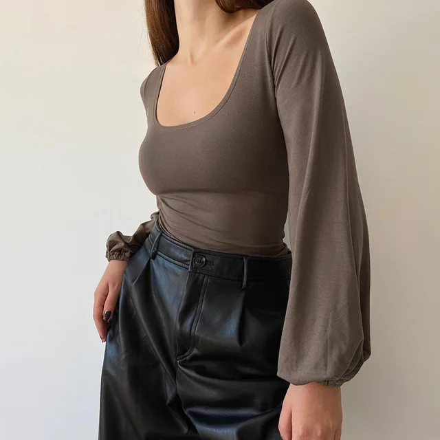 Casual Top Versatile Lantern Long Sleeve Square Collar Slimming Solid Color T shirt Brown - Shop at LoveMi