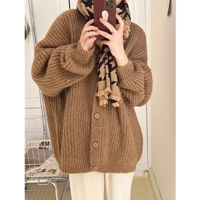 Idle Style Knitted Cardigan Sweater For Women Autumn And Winter Coffee Color - Shop at LoveMi