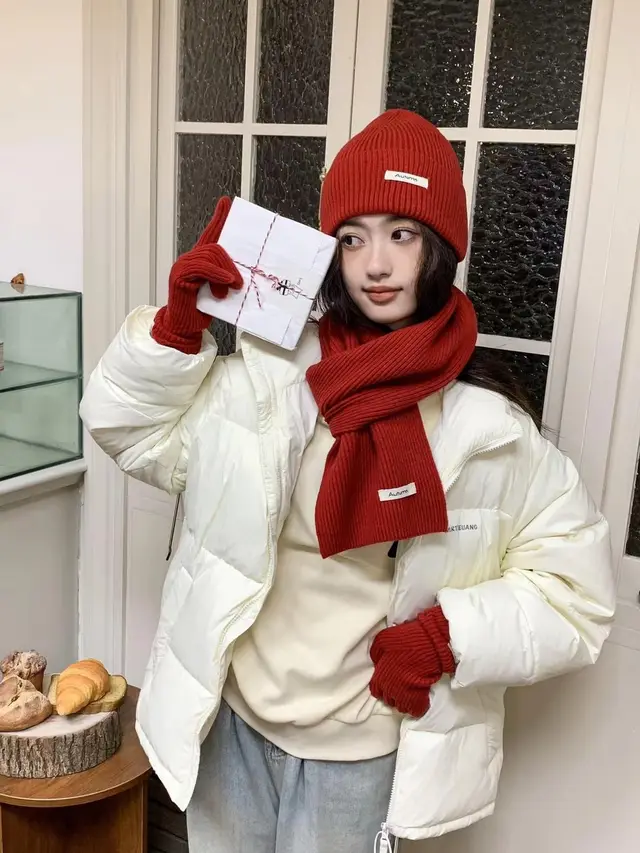 Winter Knitting Fleece Thickened Thermal Three piece Suit Wool Scarf Hat Children Wine Red - Shop at LoveMi