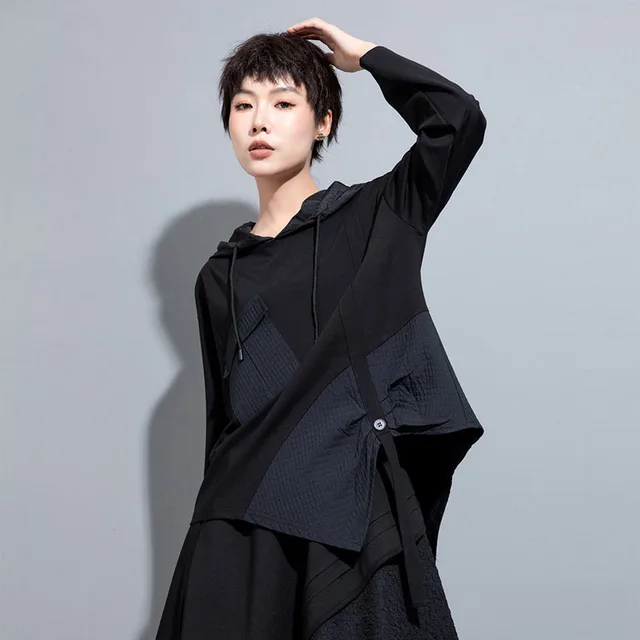 Spring And Autumn Hooded Irregular Stitching Long Sleeve Casual Sweatshirt Black - Shop at LoveMi