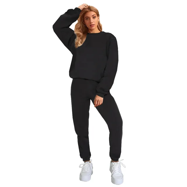 Women's Solid Color Round Neck Pullover Sweatshirt Pants Black - Shop at LoveMi