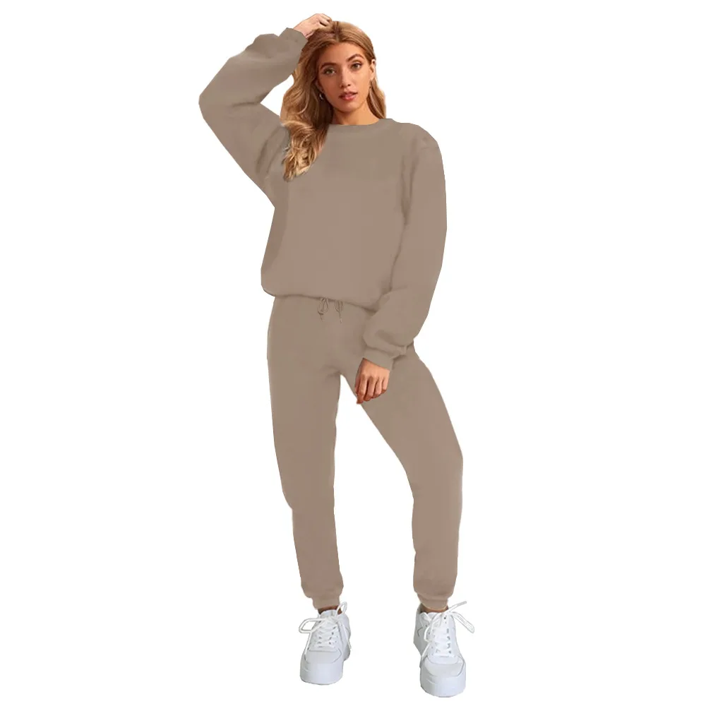 Women's Solid Color Round Neck Pullover Sweatshirt Pants - Gray
