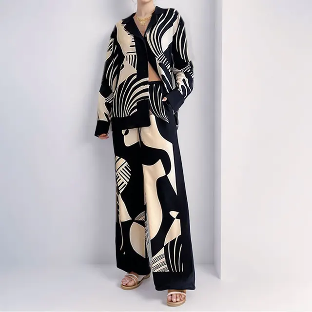 Women's Elegant Elegant Trendy Printed Long Sleeve Lapel Casual Fashion Set Black And White Printing - Shop at LoveMi