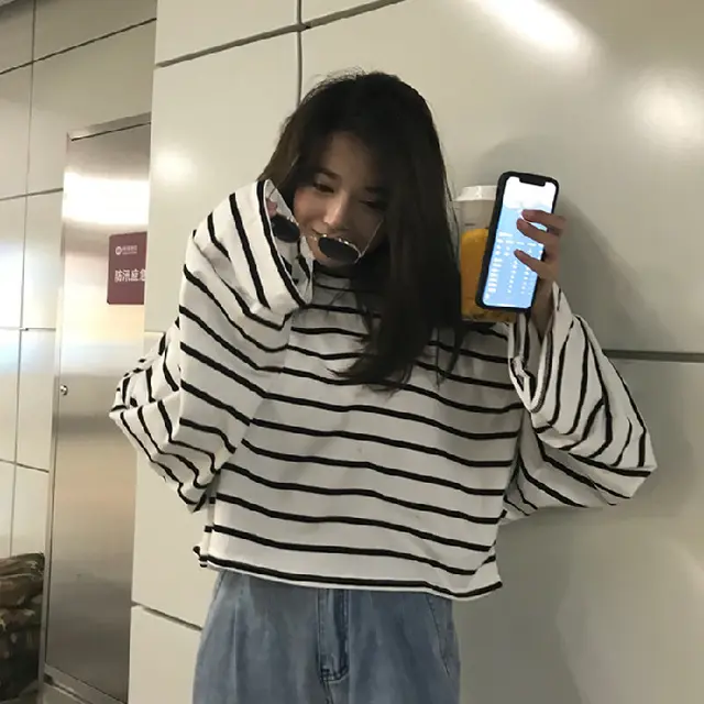 Women's Idle Style Striped Loose Long sleeved Student T shirt Casual Bottoming Shirt White - Shop at LoveMi