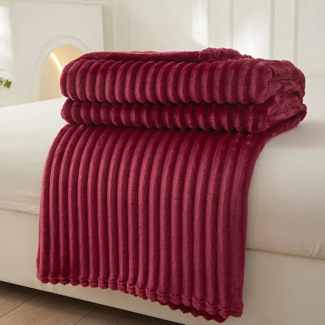 Large Strip Width Strip Thickening Nap Blanket Wine Red - Shop at LoveMi