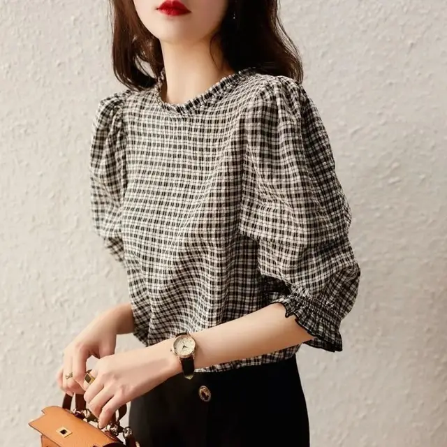 Fashionable All match Slimming Black And White Lattice Pattern Bottoming Shirt Plaid - Shop at LoveMi