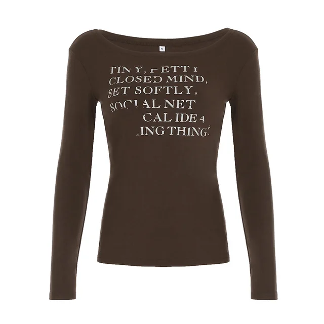 Printed Loose Large Round Neck Long Sleeves T shirt For Women Dark Brown - Shop at LoveMi
