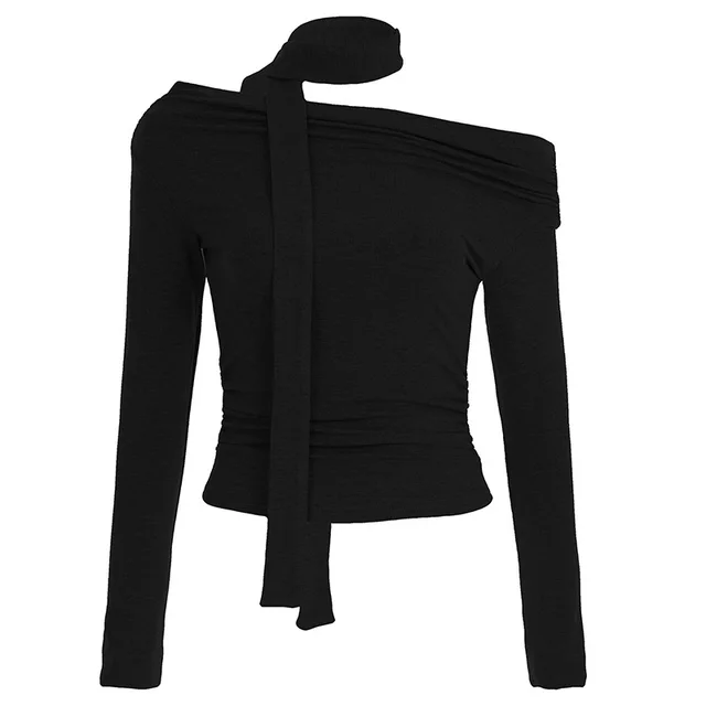 Off shoulder Solid Color Long sleeved Top Women Black - Shop at LoveMi