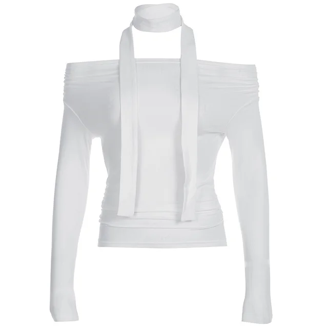 Off shoulder Solid Color Long sleeved Top Women White - Shop at LoveMi