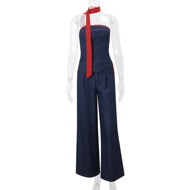 Fashion Denim Tube Top Women's Loose Blue Trousers - Shop at LoveMi