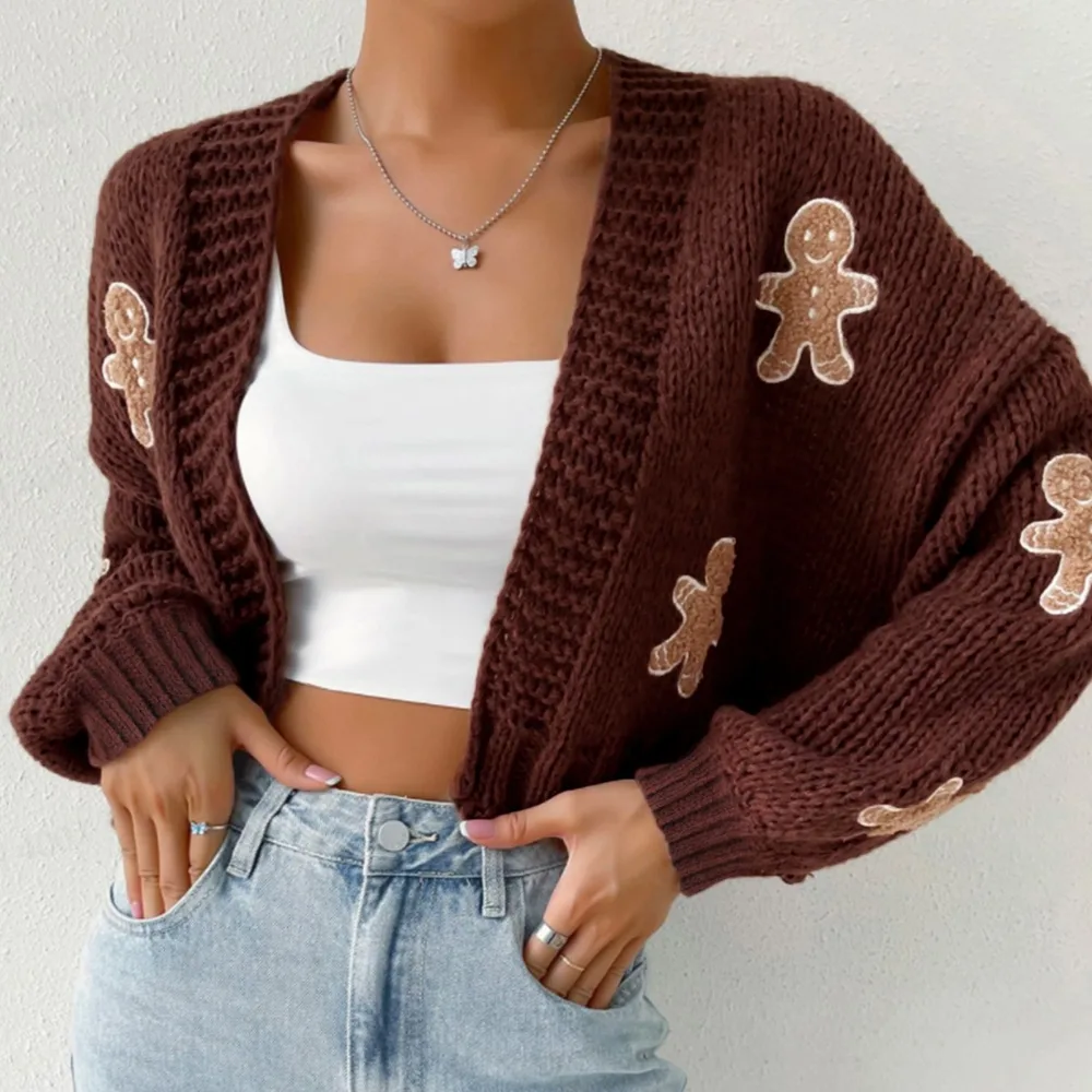 Knitted Sweater With Gingerbread Man Pattern V-Neck Spring Autumn Winter Gingerbread Man Cardigan - Coffee