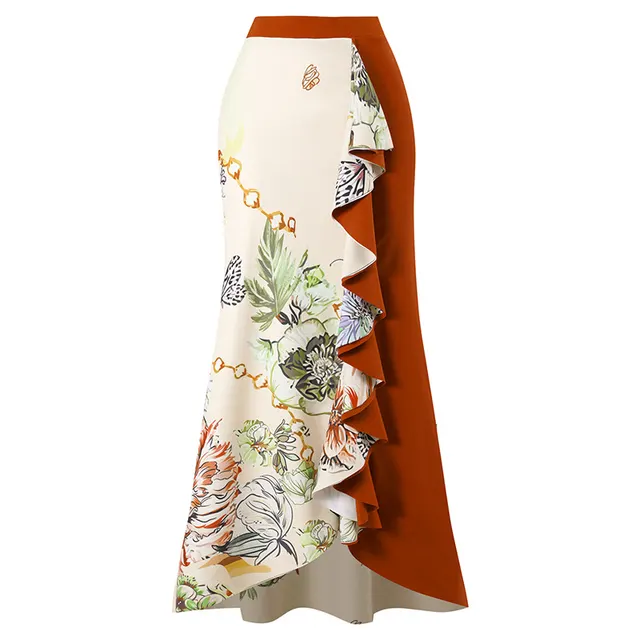 Elegant Printed Patchwork Contrast Color Beach Skirt Two piece Set Coffee Skirt - Shop at LoveMi