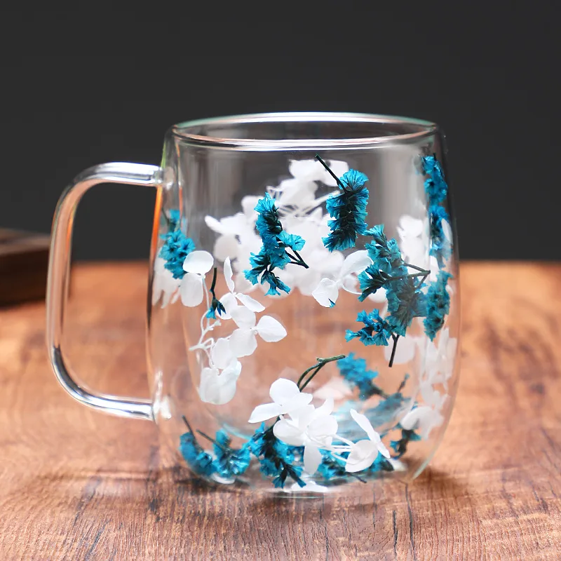 Creative Style New Real Flower And Dried Flower Double Layer High Borosilicate Glasses - 390Ml White And Blue Mug