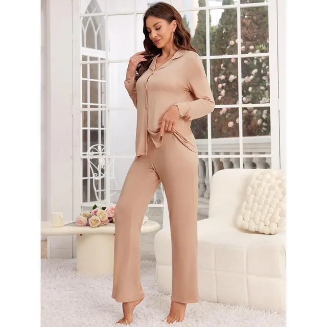 Modal Long sleeved Shirt And Trousers Two piece Home Wear Apricot - Shop at LoveMi