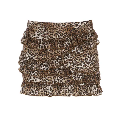 Hot Girl Sexy Leopard Print Wooden Ear Stitching Girlish Style Cake Dress Brown - Shop at LoveMi