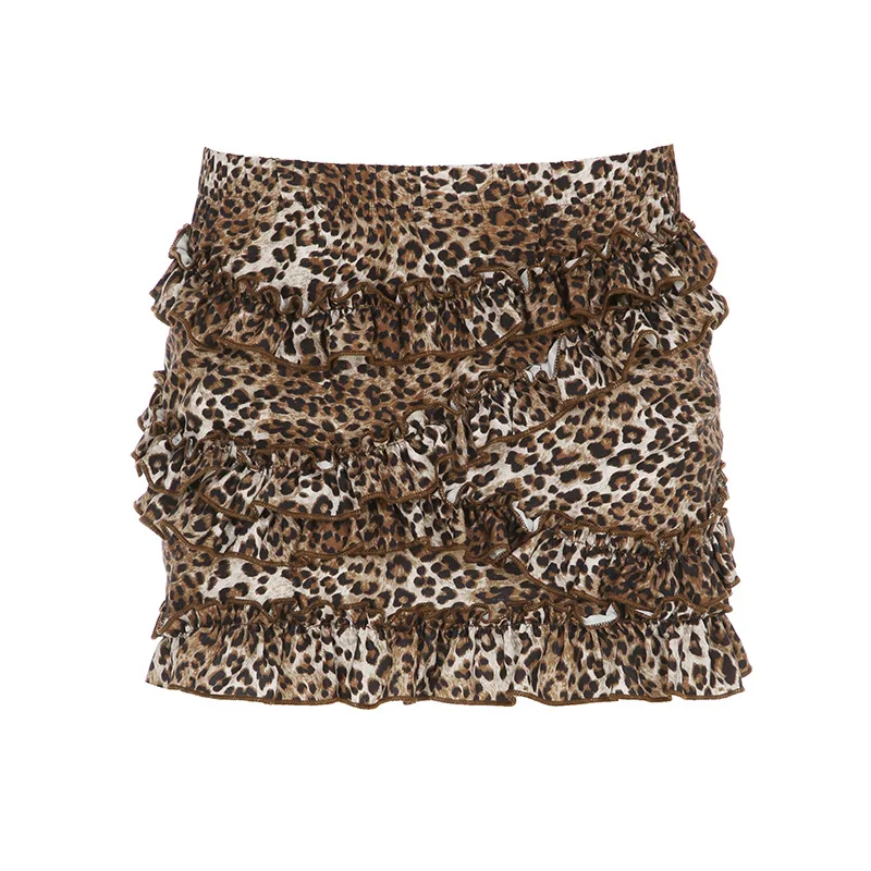 Sexy Leopard Print Wooden Ear Stitching Girlish Style Cake Dress - Brown - View 1