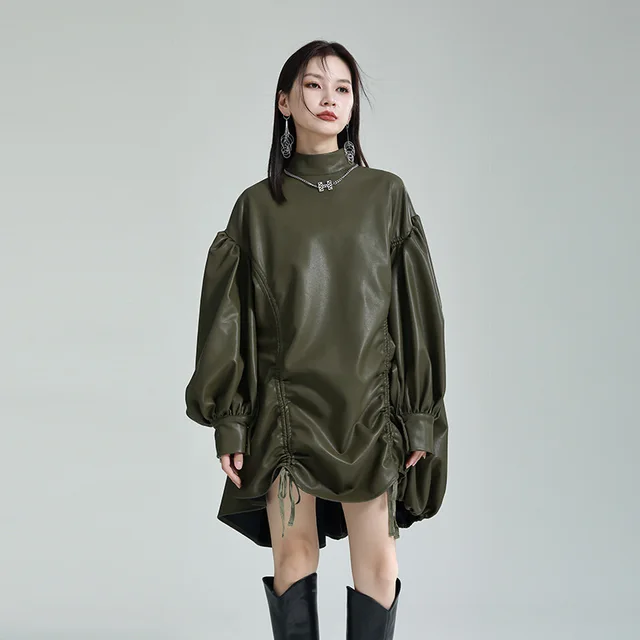 Design Irregular Drawstring Stand Collar Cloak Dress Green - Shop at LoveMi