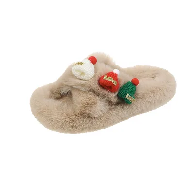 Christmas Hat Fluffy Slippers Women's Warm Toe Covering Cotton Slippers Khaki - Shop at LoveMi