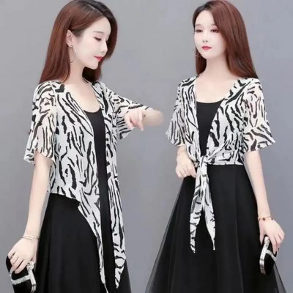 Chiffon Shawl Jacket Skirt For Women - Striped White