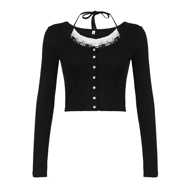 European And American Fake Two piece Breasted Long Sleeve Top Black - Shop at LoveMi