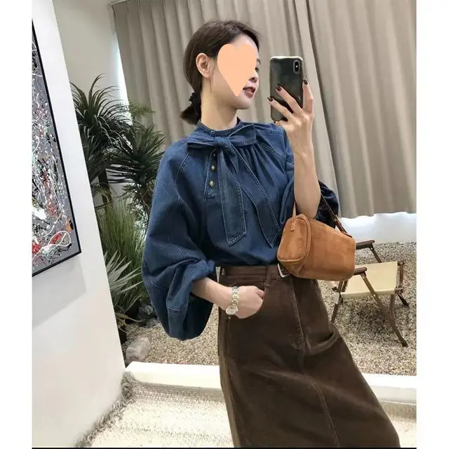 Women's Retro Casual Loose Collar Lace Up Denim Shirt Blue - Shop at LoveMi