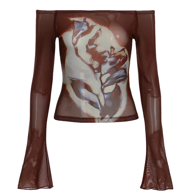 Women's Mesh Top Retro Long sleeved T shirt Brown - Shop at LoveMi