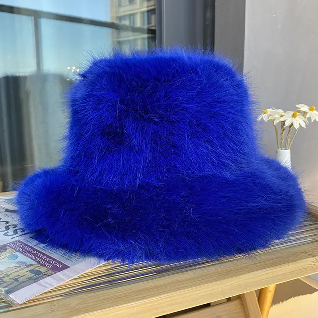 Imitation Fur Women's Autumn And Winter Wild Long Fur Bucket Hat Sapphire Blue - Shop at LoveMi