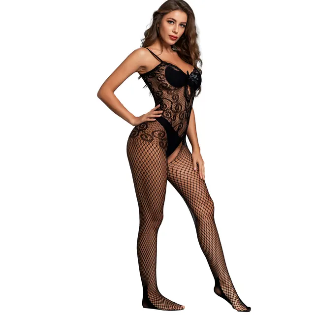 Women's Hollow Bow Suspenders Mesh Bodysuit Black - Shop at LoveMi