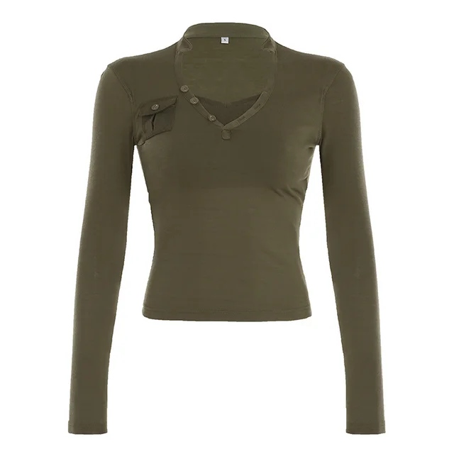 European And American Women's Clothing Design Sense V neck Pocket Casual Top Army Green - Shop at LoveMi