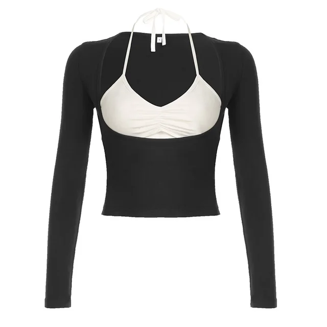 Women's Fake Liangjiang Contrast Color Slim Fit V neck Long Sleeve Black - Shop at LoveMi