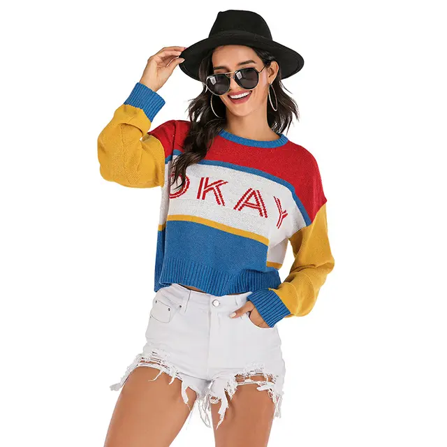 Color Matching Knitted Short Base Sweater Women Picture Color - Shop at LoveMi