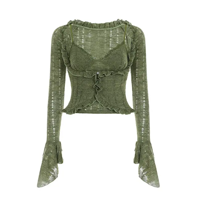 French Style Wooden Ear Design Blouse Two piece Set Green - Shop at LoveMi