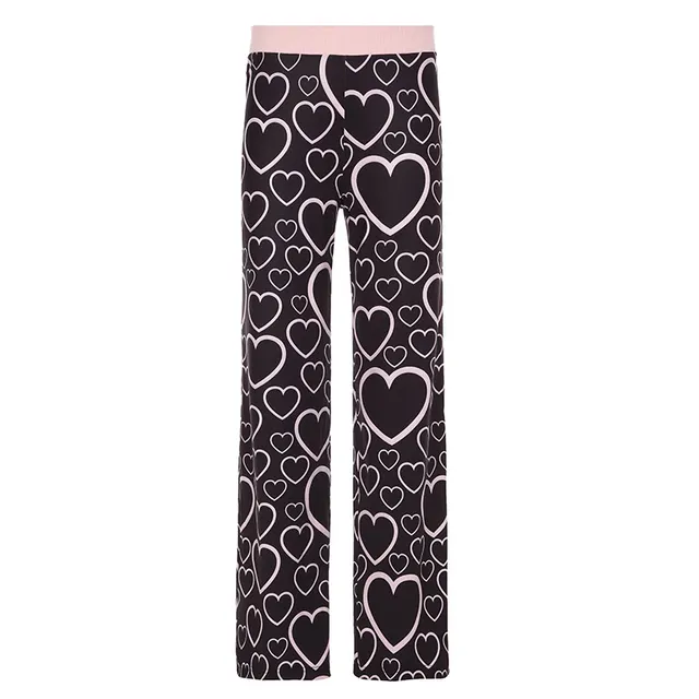 Contrast Color Heart Printing Casual Trousers Black - Shop at LoveMi