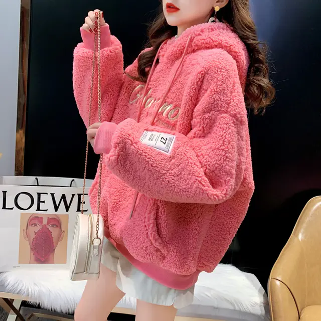 Fashion Embroidery Lamb Wool Sweatshirt Women Pink - Shop at LoveMi