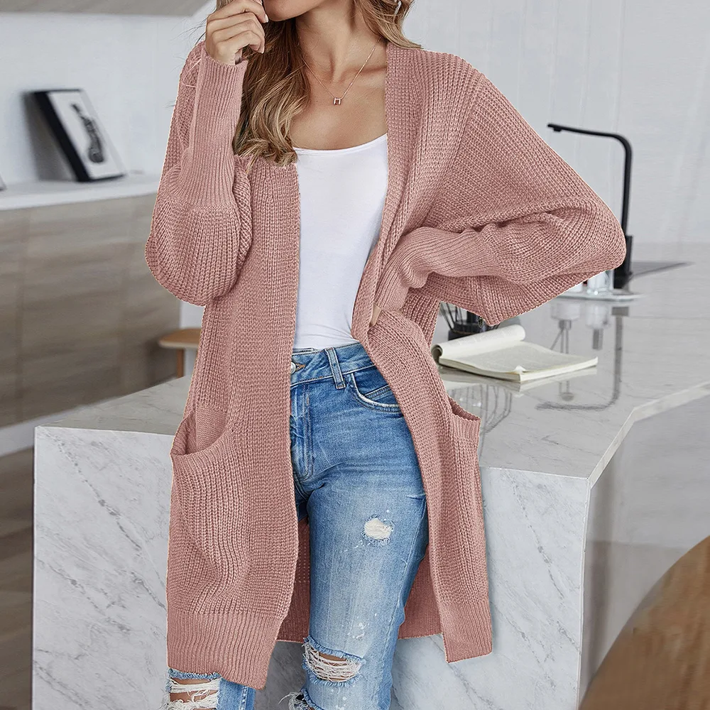 Women's Knitted Sweater Solid Color Pocket Cardigan Coat Lotus Pink - Shop at LoveMi