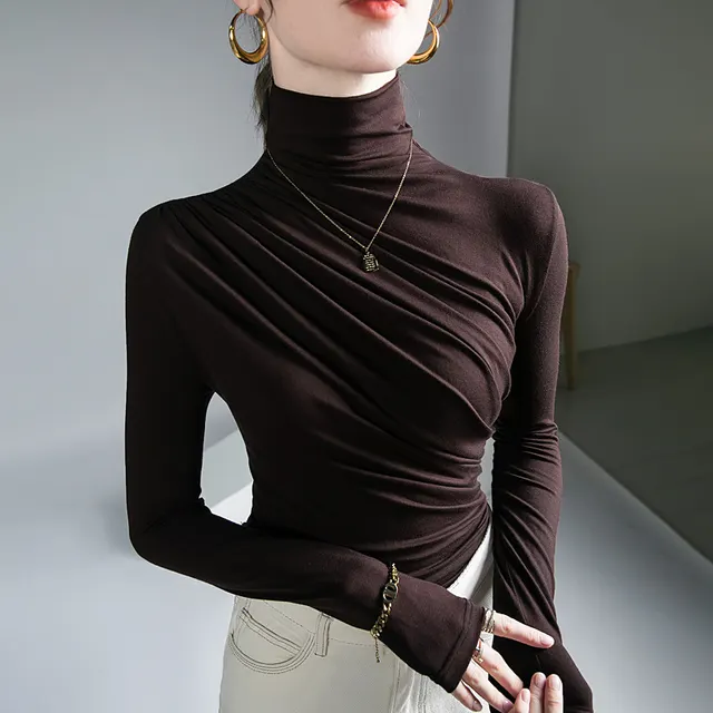 Peplum Top Elegant High Neck Bottoming Shirt Brown - Shop at LoveMi