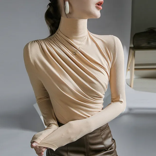 Peplum Top Elegant High Neck Bottoming Shirt Cloud Beige - Shop at LoveMi
