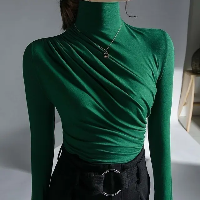 Peplum Top Elegant High Neck Bottoming Shirt Green - Shop at LoveMi