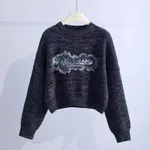 Tassel Denim Pattern Round Neck Sweater Top - English Letter Black