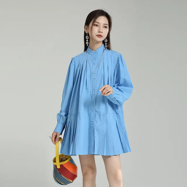 Niche Design Pleated Doll Type Long Sleeve Shirt Dress Blue - Shop at LoveMi