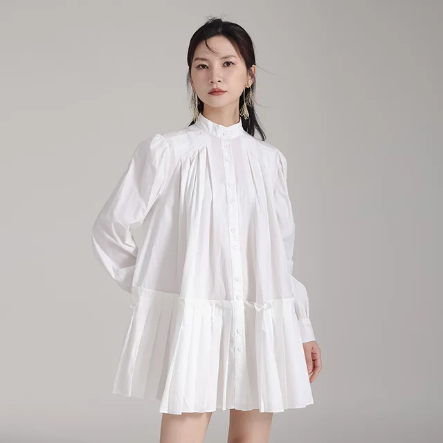 Niche Design Pleated Doll Type Long Sleeve Shirt Dress White - Shop at LoveMi