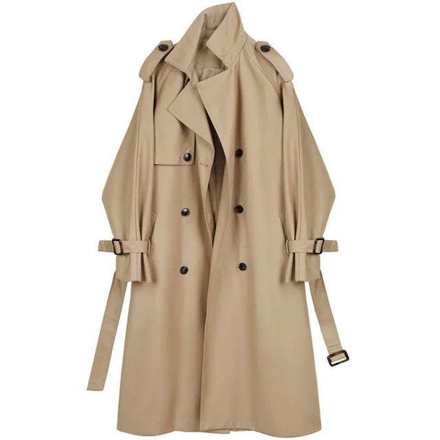Small Trench Loose Double breasted Mid length Elegant Draping Casual Coat Khaki - Shop at LoveMi
