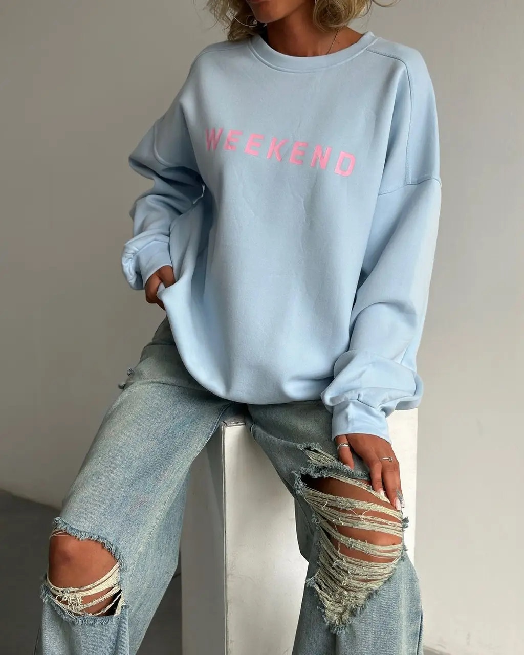Women's Fashion Printed Thickening Top Long Sleeve - Sky Blue