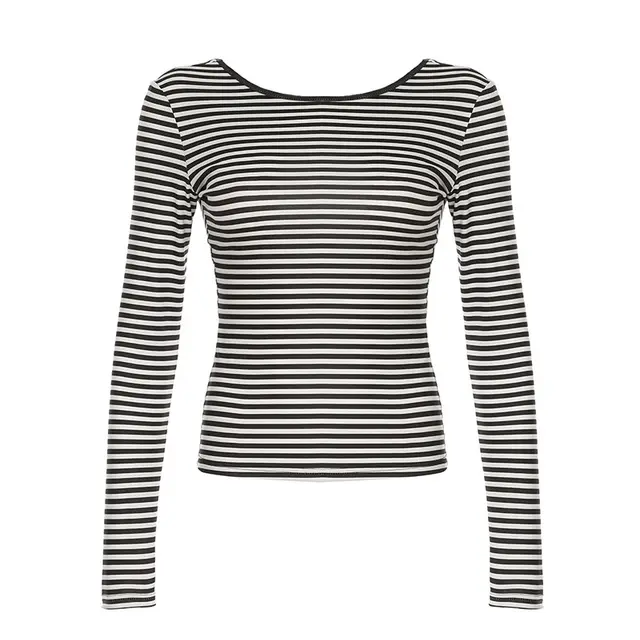 Contrast Color Striped Bare Back All matching Slim Fit Bottoming Shirt Top Black - Shop at LoveMi