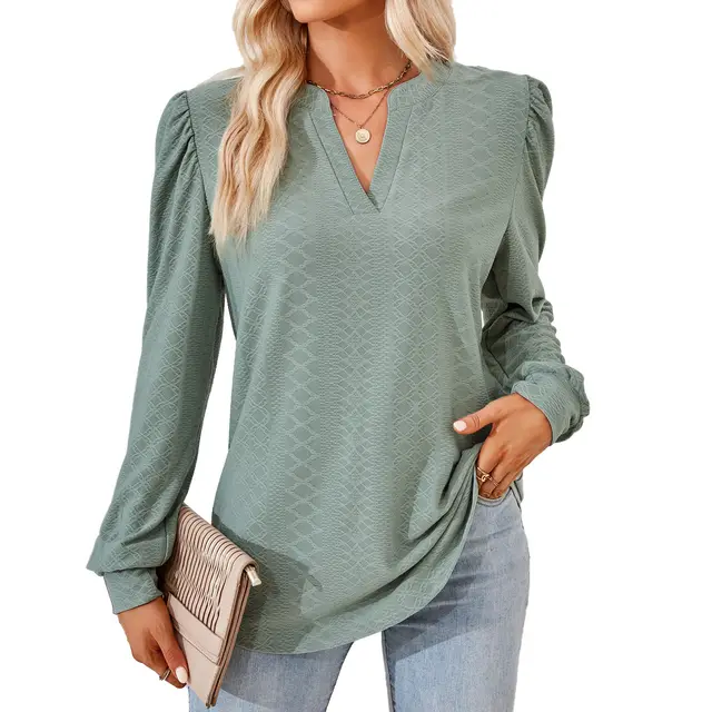 V neck Jacquard Long Sleeve Loose fitting T shirt Top Ladies Dark Green - Shop at LoveMi